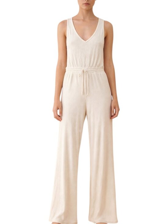 Beyond Yoga Pants - Beyond Yoga Jetsetter Ivory Cream Sleeveless V Neck Flare Jumpsuit Size S